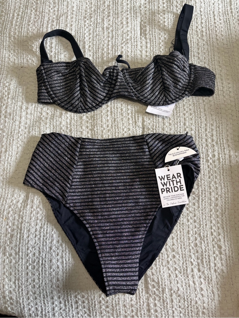 High-Waist Black & Silver Stripe Bikini Set -